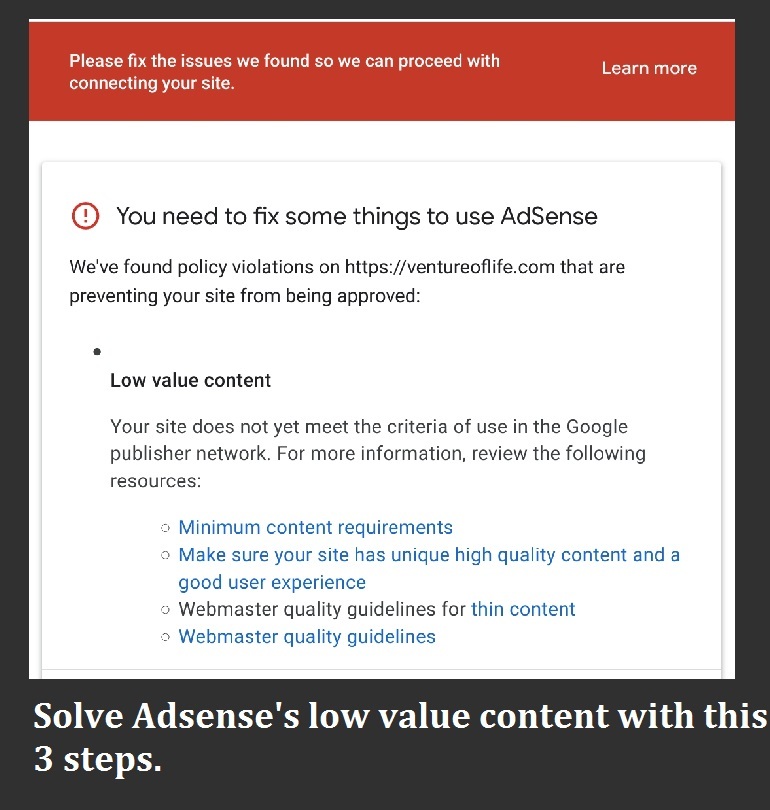 how to solve low value content and get accepted on adsense on 2022